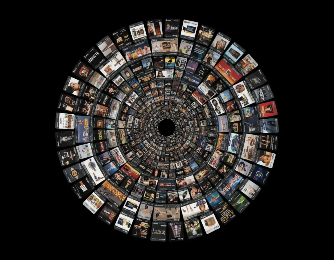Hundreds of ad creative thumbnails spiraling into a circular tunnel on a black background.