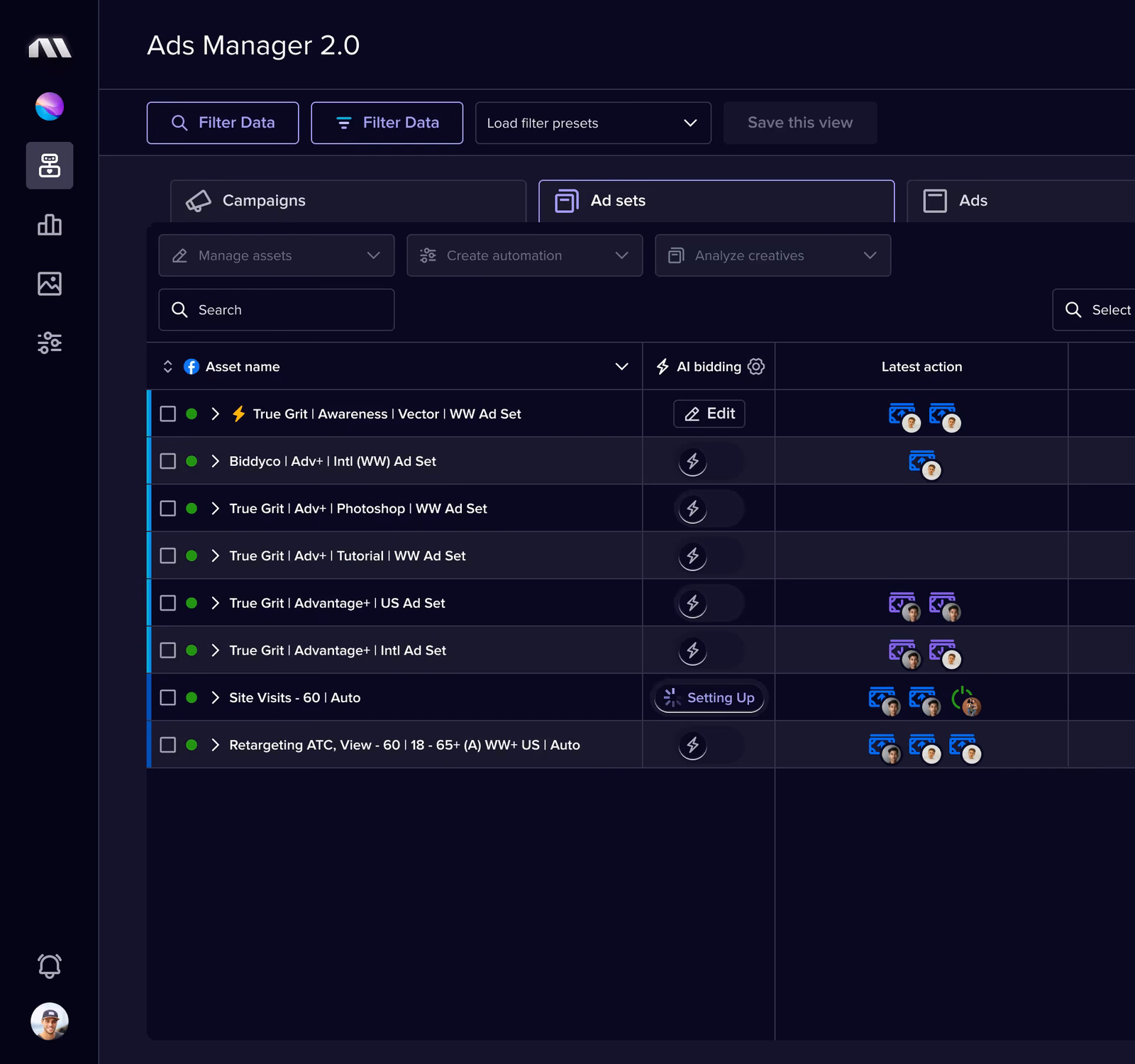 Madgicx Ads Manager 2.0 ad sets table with an AI bidding column and the latest automated actions per ad set.