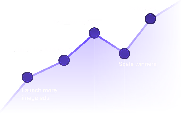 Madgicx growth path: Launch more image ads, Launch Top Audience, Test new creatives, Scale winners, and 2x budget.