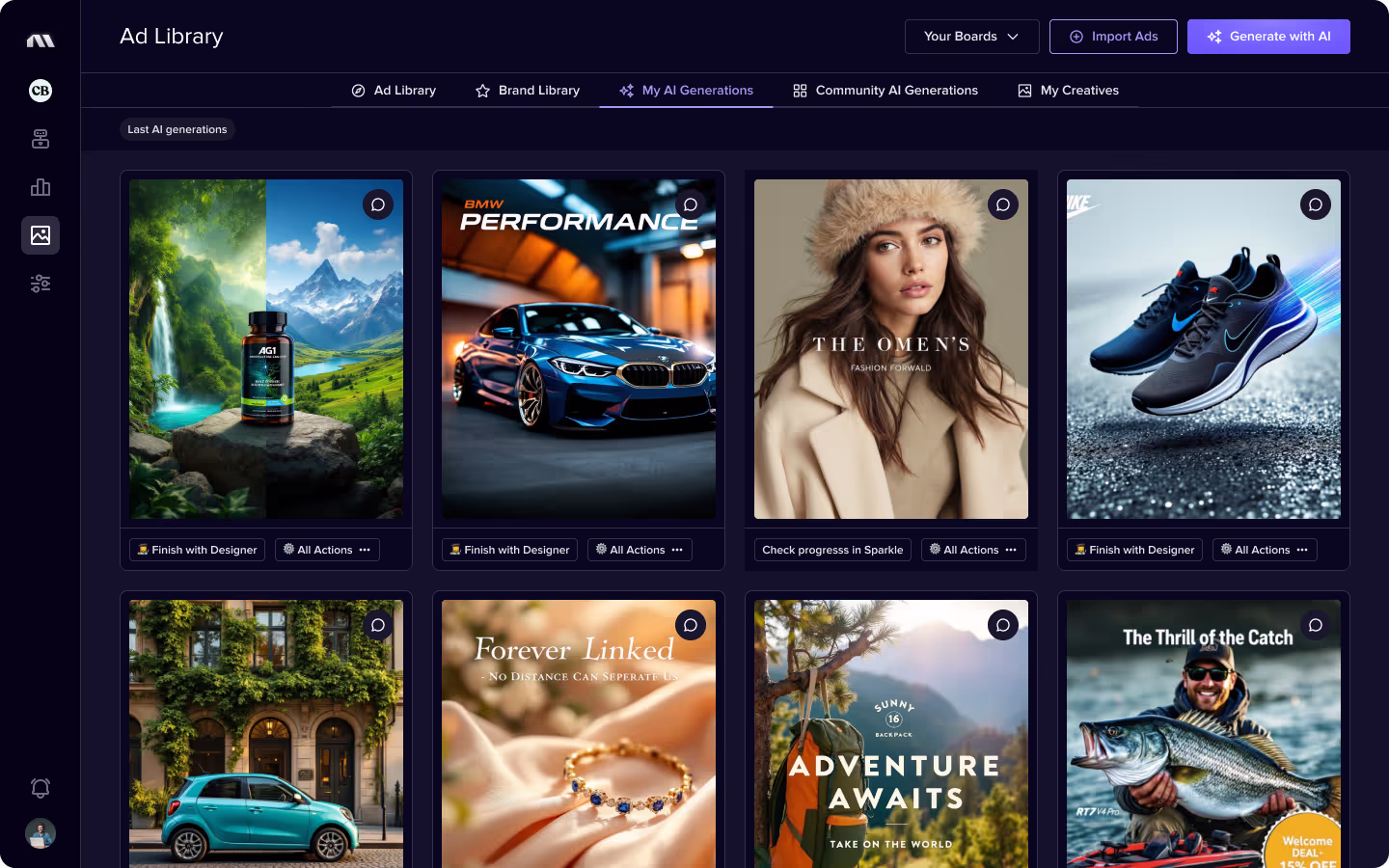 Madgicx Ad Library on the My AI Generations tab, showing a grid of AI-generated ad images for different products.