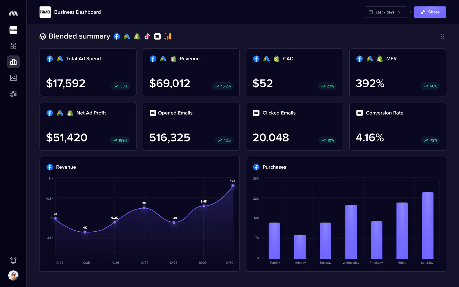 Madgicx Business Dashboard blending ad spend, revenue, CAC, MER, and email metrics, with revenue and purchases charts.