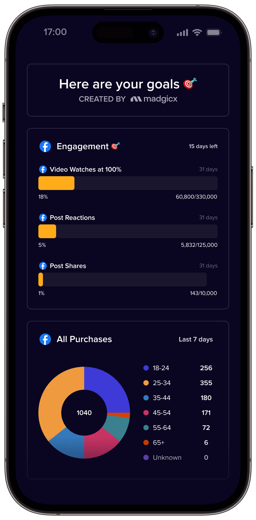Madgicx mobile report on a phone, with engagement goal progress bars and a purchases-by-age donut chart.