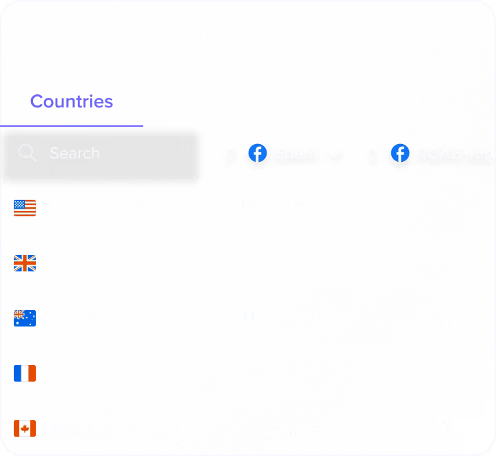 Madgicx Top Countries table with the USA, UK, Australia, France, and Canada ranked by Facebook spend and ROAS.