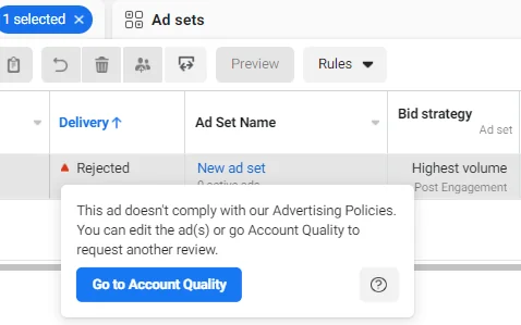 Ad rejected notification