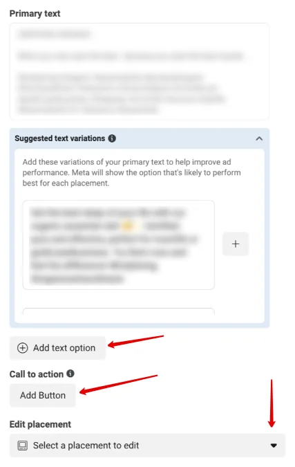 Ad copy section where you enter your Primary text.