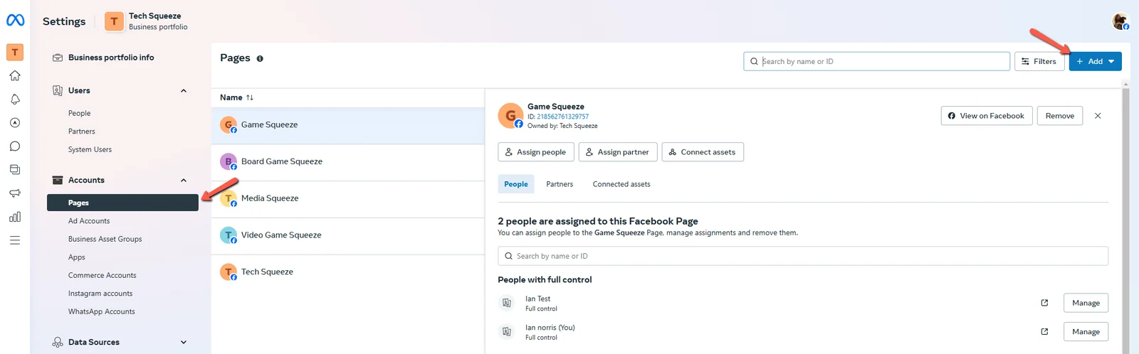 add pages business portfolio