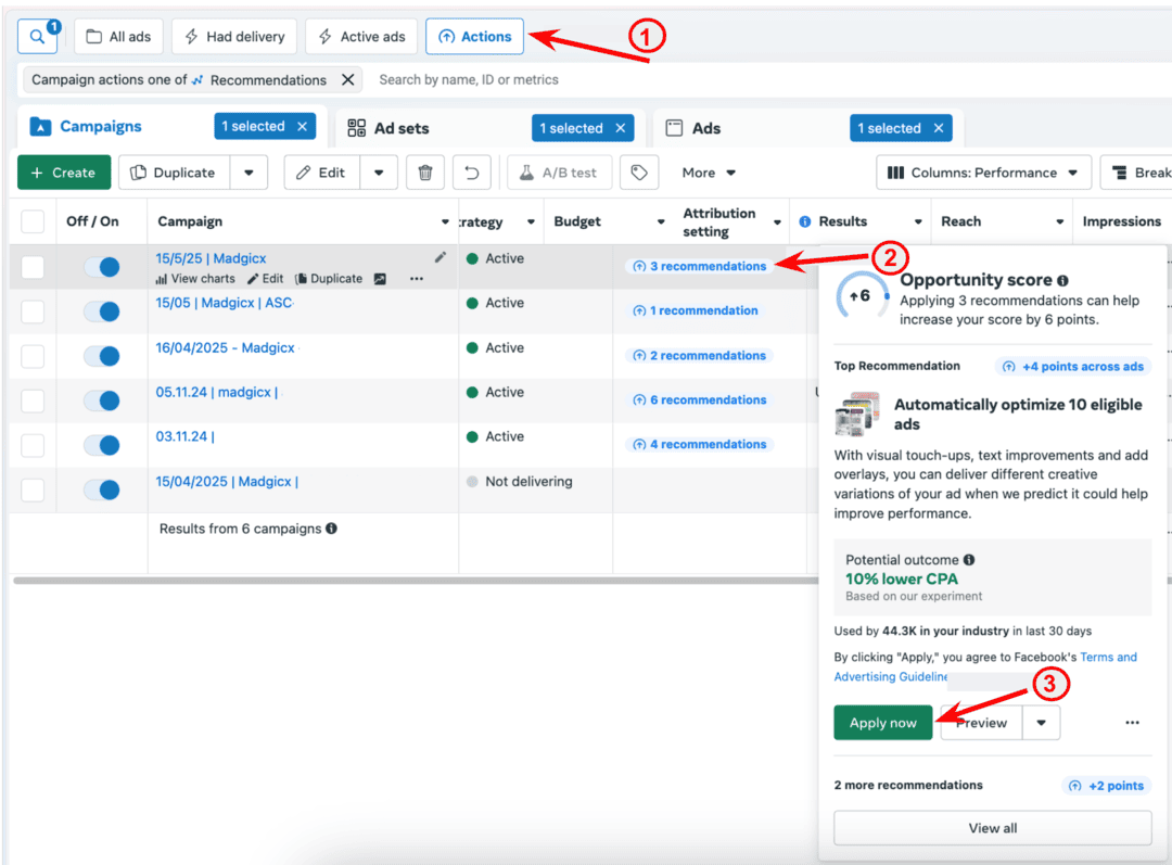 Ads Manager Actions - Opportunity score