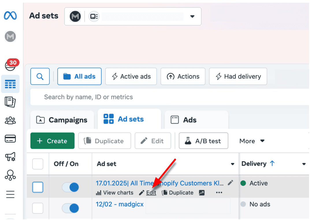 Ads Manager - Ad set edit button
