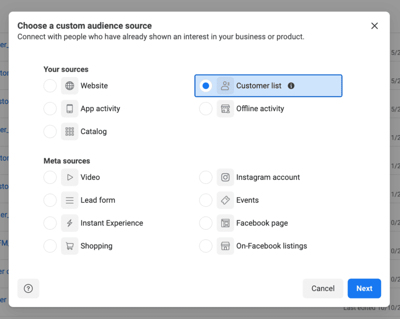 Ads Manager Audiences - choose a custom audience