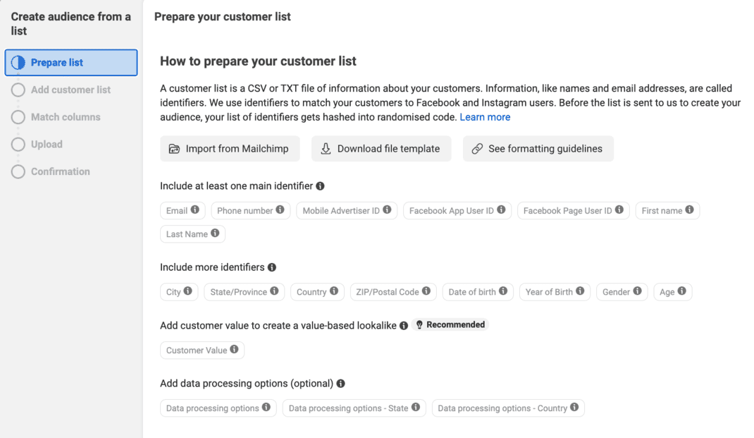 Ads Manager Audiences - Customer list
