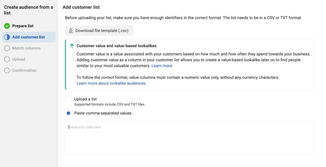 Ads Manager Audiences - paste Customer list