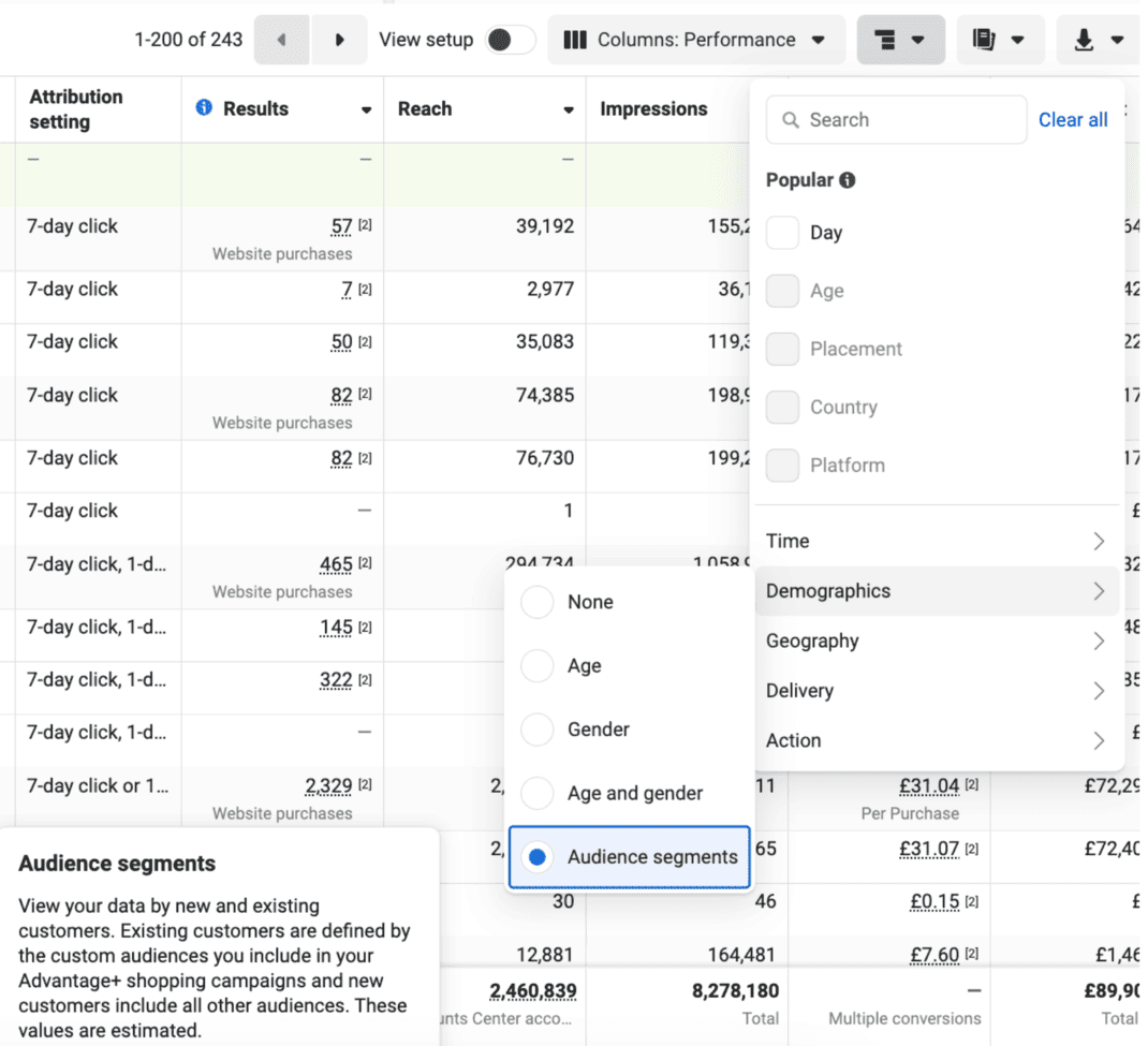 Ads Manager - Breakdowns - audience segments