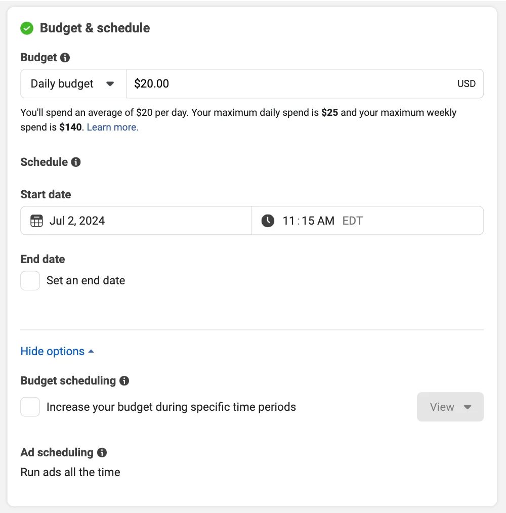 Ads Manager - Budget and schedule