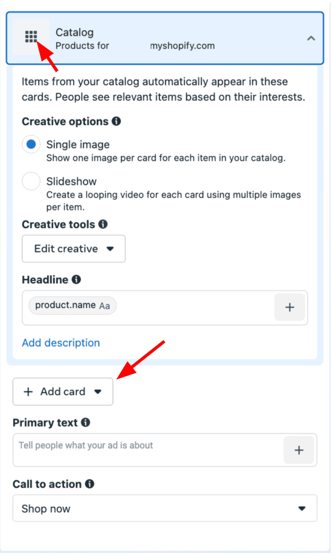 Ads Manager catalog - add card