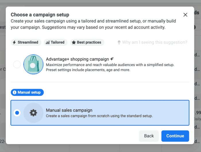 Ads Manager - Choosing manual setup