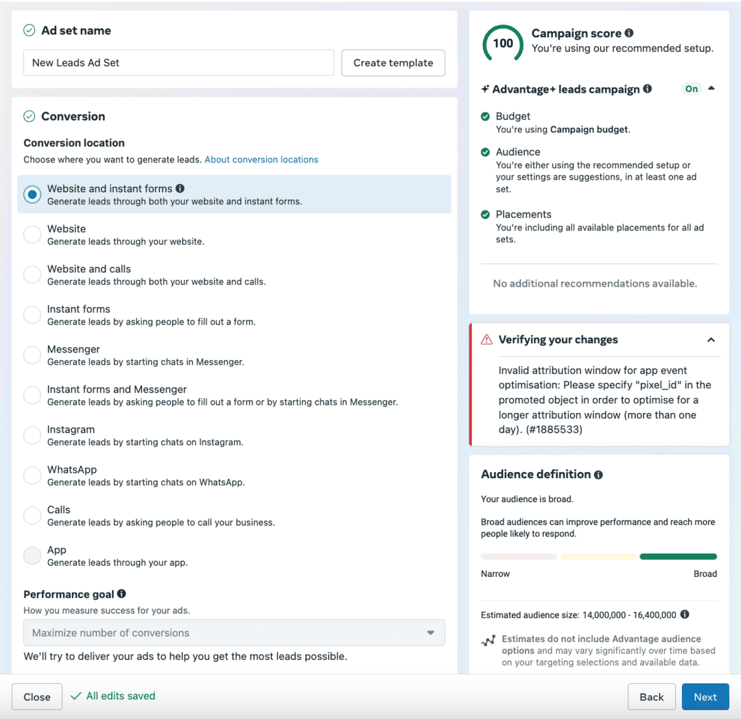 Ads Manager - Conversion location