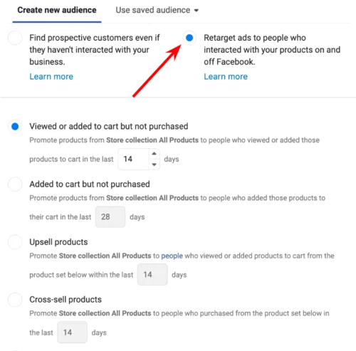 Ads Manager - Create new audience - retargeting