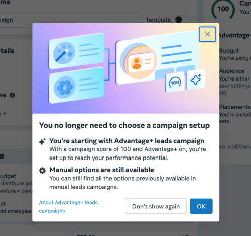  Ads Manager popup - no longer need to choose a campaign setup