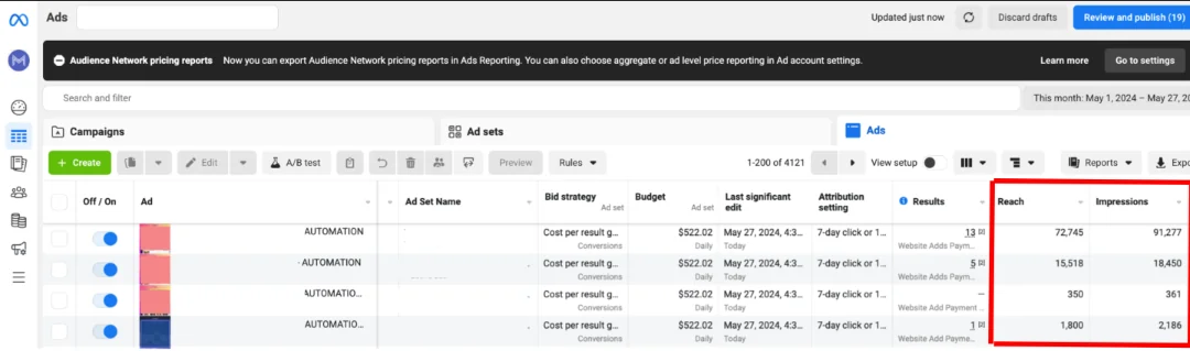 Ads Manager. - reach, impressions