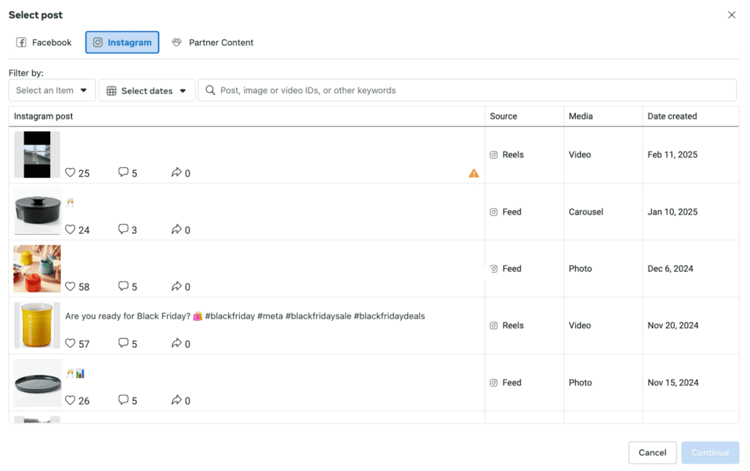 Ads Manager - Select organic post