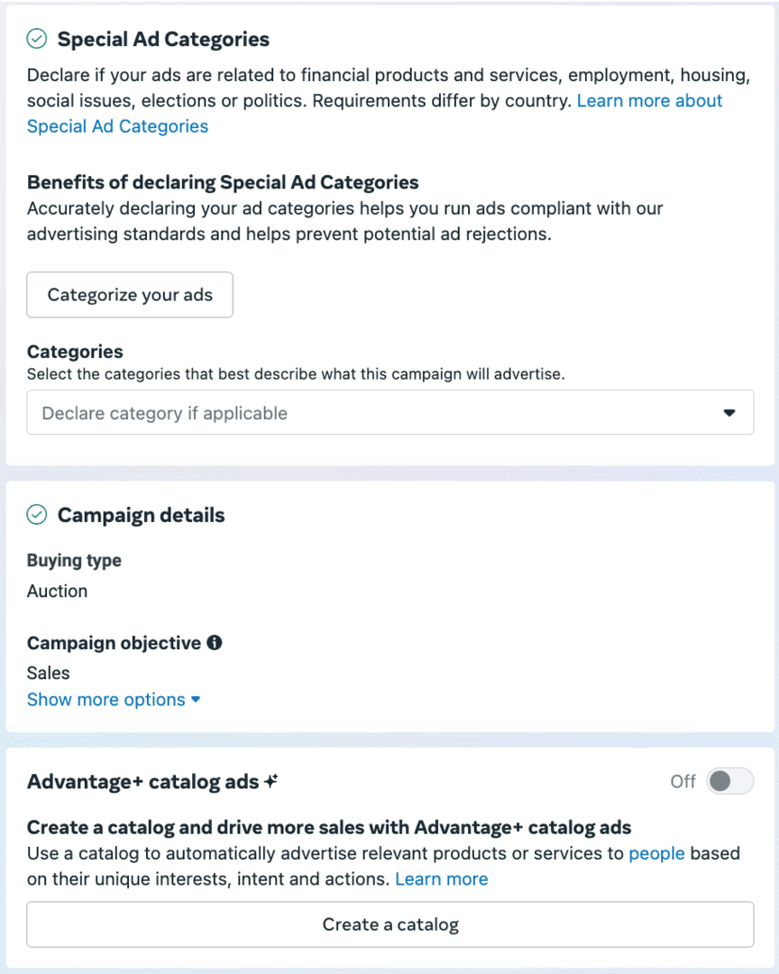 Ads Manager - special categories and campaign details