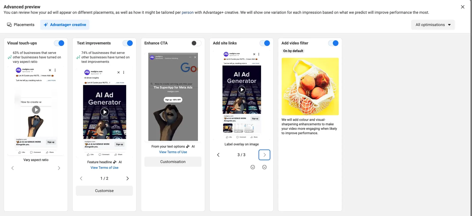Meta Ads Manager Advanced preview listing Advantage+ creative enhancements, each with its own on/off toggle.