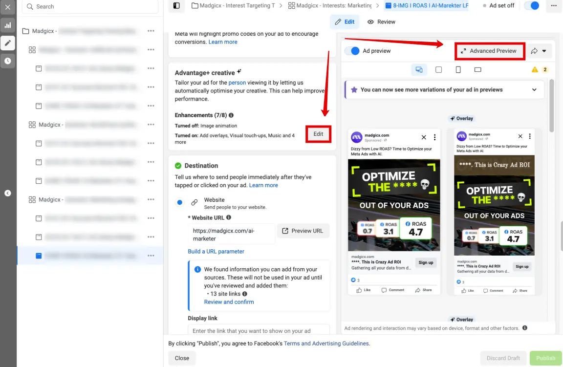 Meta Ads Manager ad setup with the Advantage+ creative 'Edit' button and 'Advanced Preview' highlighted.