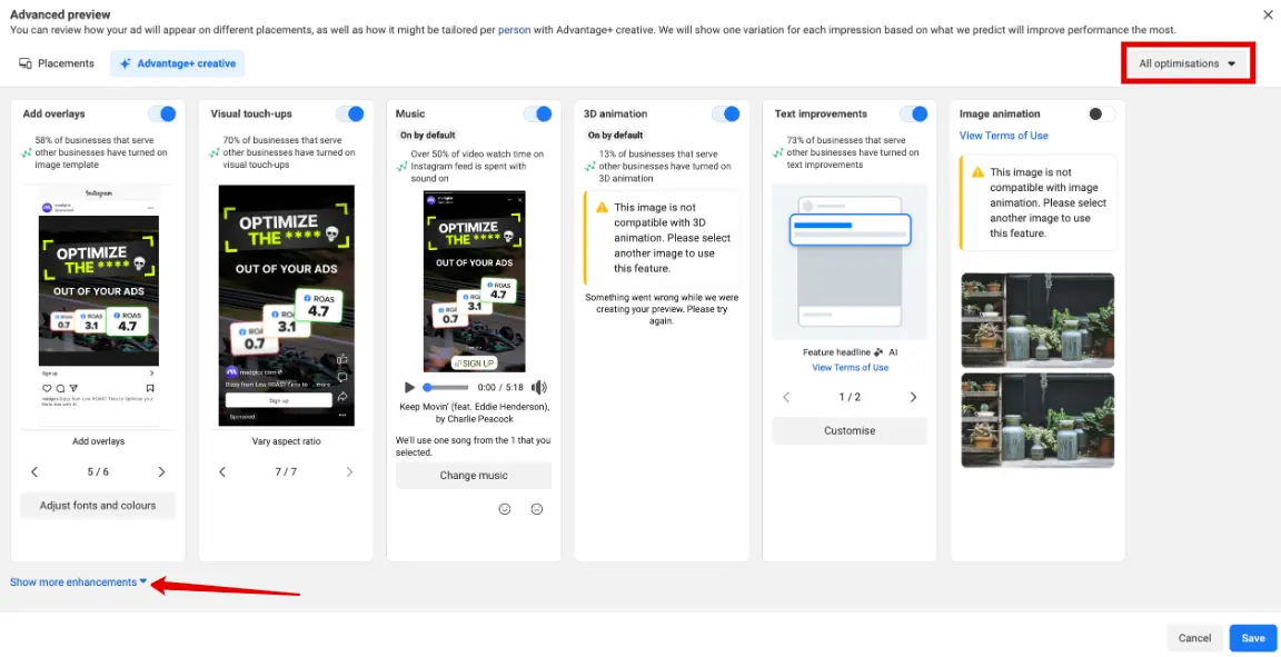 Advantage+ creative tab in Advanced preview, with 'Show more enhancements' and 'All optimisations' highlighted.