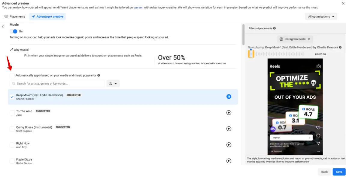 Advantage+ creative music settings in Meta Ads Manager, choosing a track yourself instead of letting AI auto-apply one.