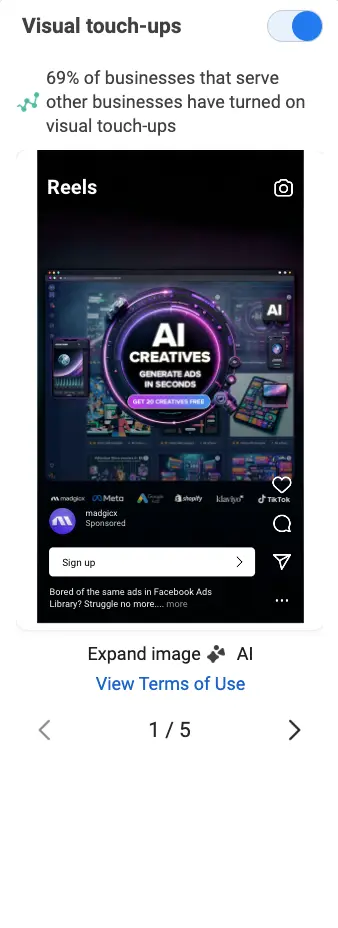 Advantage+ 'Expand image' visual touch-up resizing a single image ad to fit an Instagram Reels placement.