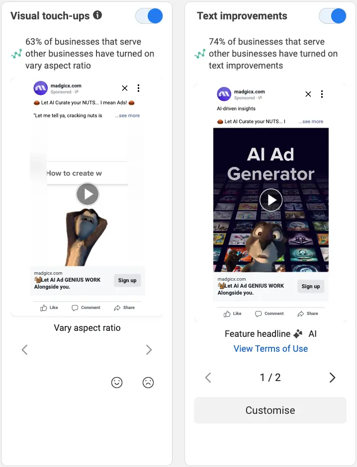 Advantage+ creative 'Visual touch-ups' and 'Text improvements' standard enhancements switched on in Meta Ads Manager.