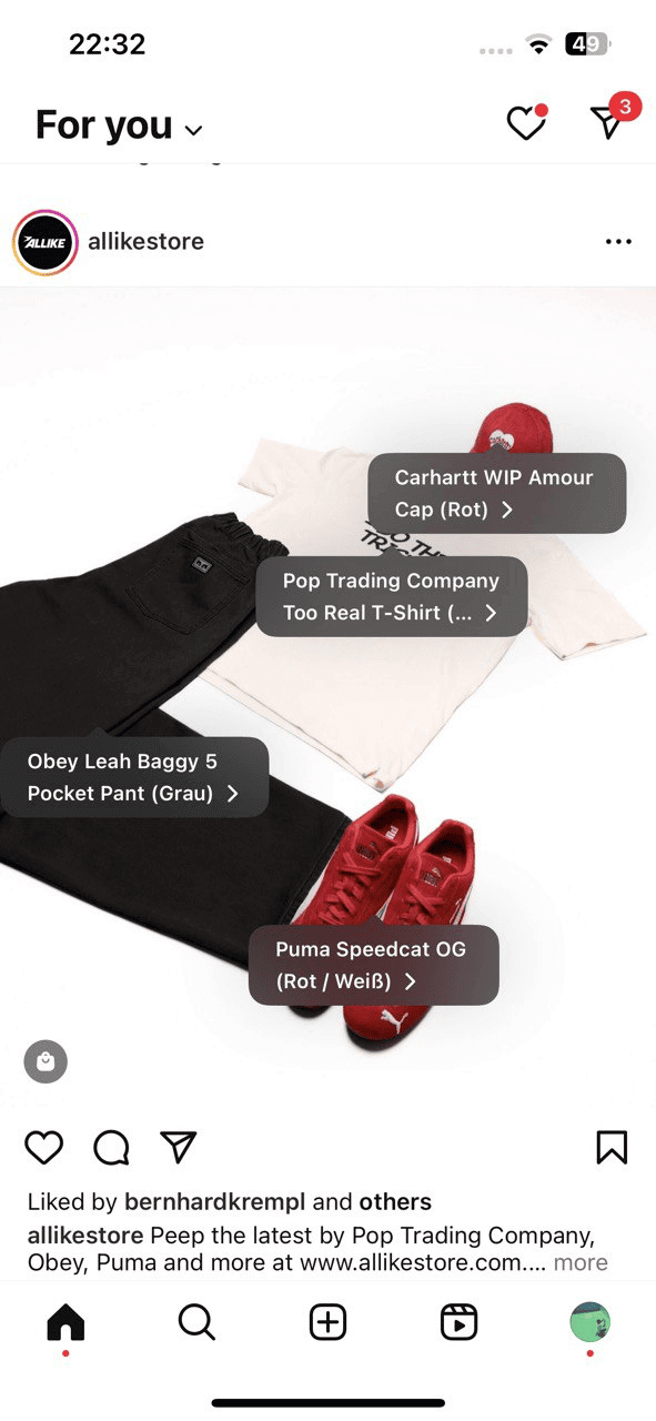 Allikestore Instagram shopping post tagging a cap, T-shirt, pants, and sneakers in one flat-lay outfit.