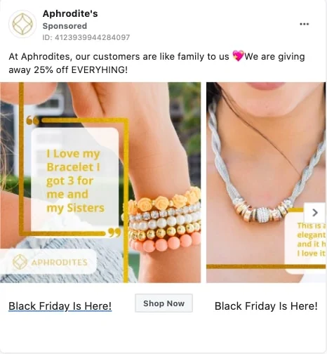 Aphrodites Facebook ad social proof