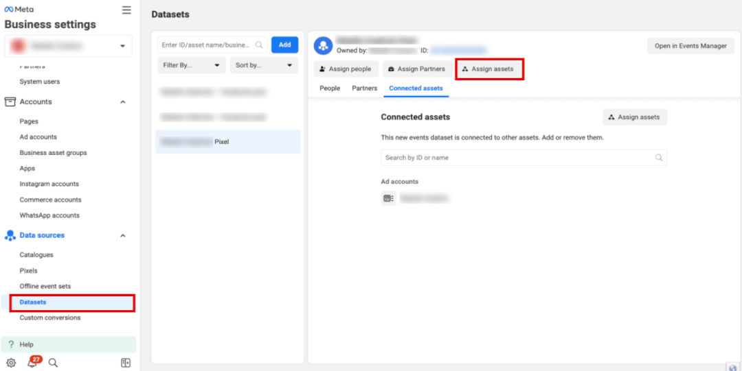 Assign assets in Datasets in Business Settings in Meta Business Manager.
