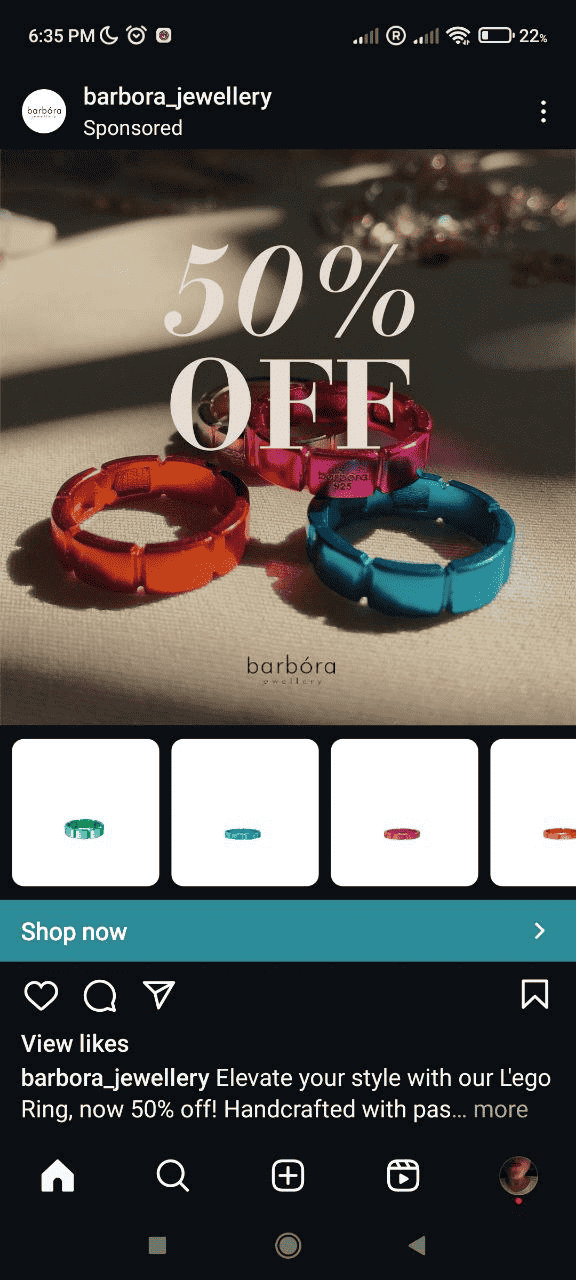 Barbora Jewellery Instagram collection ad with '50% off' over colourful rings and a row of products below.