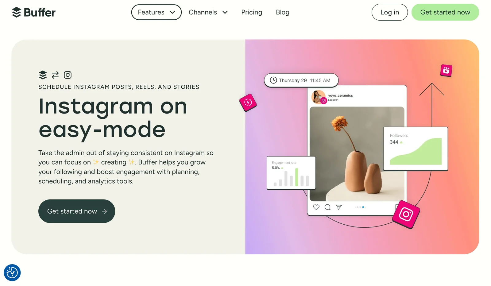Buffer's Instagram scheduling page, 'Instagram on easy-mode', for planning posts, Reels, and Stories.
