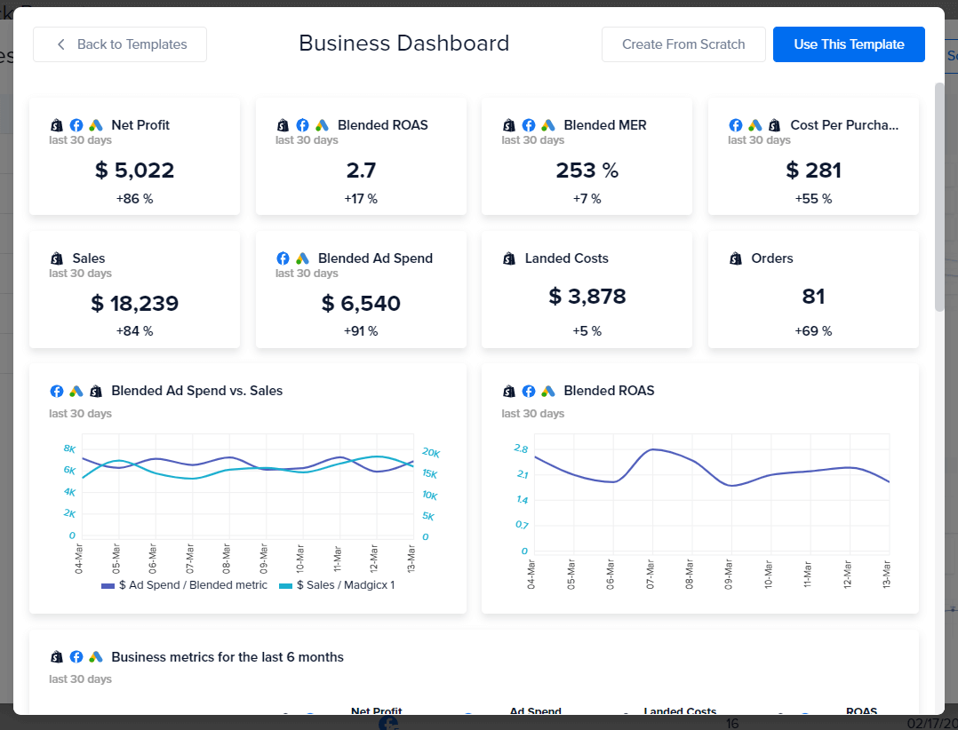 Madgicx Business Dashboard - KPI tracking