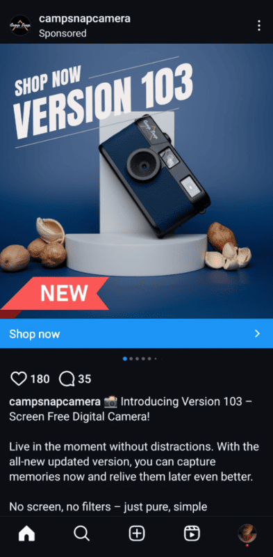 First card of a Camp Snap carousel ad on Instagram, showing the new Version 103 camera with a 'Shop now' button.