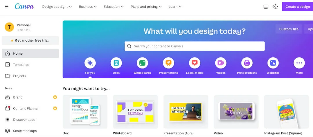 Canva home dashboard with templates for social media posts, presentations, videos, and more.