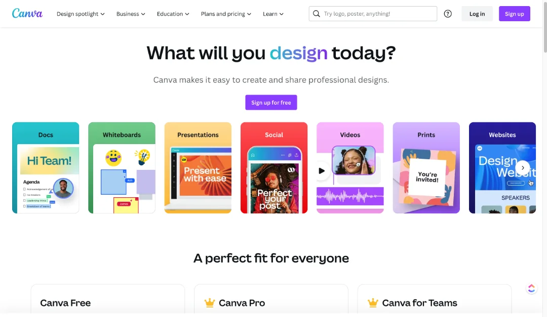 Screenshot of Canva homepage.