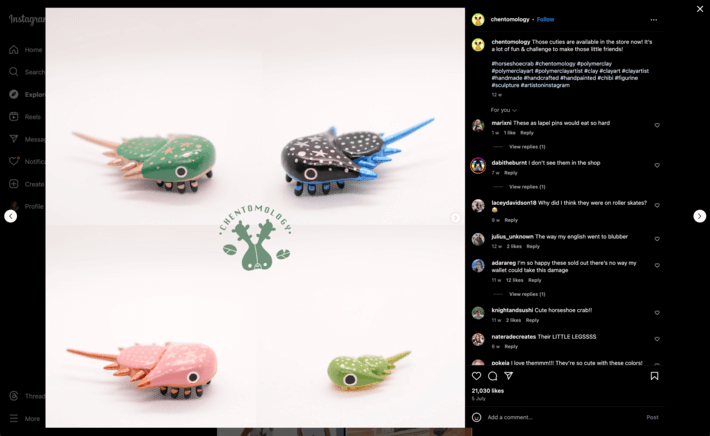 Chentomology Explore post opened, showing handmade clay horseshoe crab figurines and shopper comments.