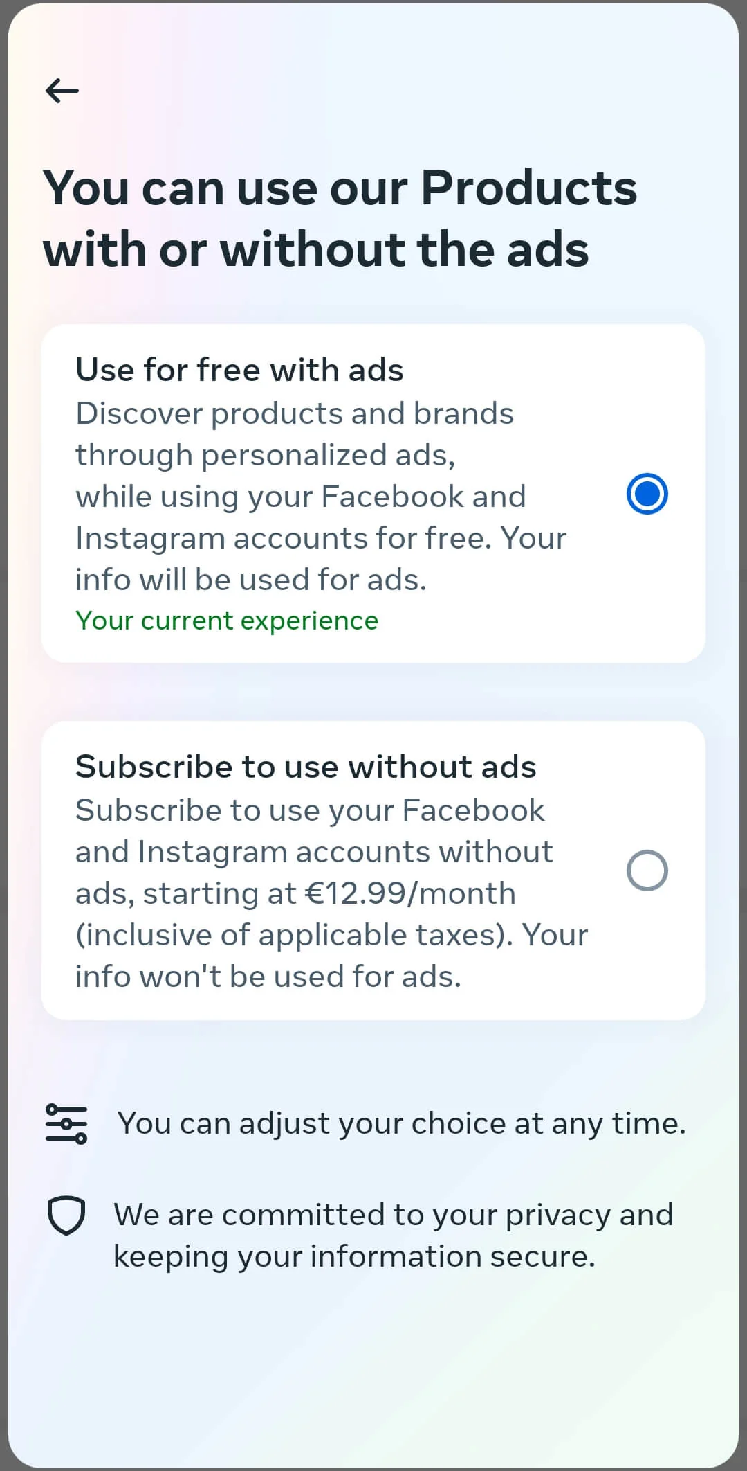 Meta Europe ad-free subscription cost.