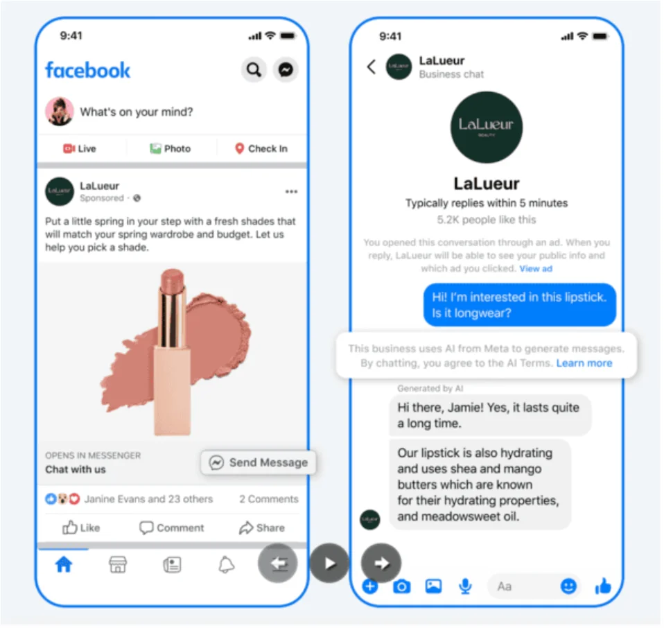 Facebook click-to-Messenger lipstick ad opening a business chat where Meta AI answers the shopper
