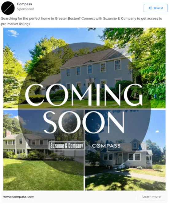 Compass Facebook ad with 'Coming soon' over Boston-area homes, offering access to pre-market listings