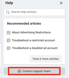 contact support team - Facebook ad in review