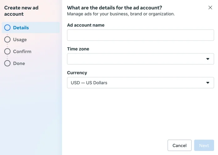 Create new ad account - add name,  timezone, and currency