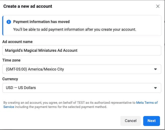 Create new ad account Facebook