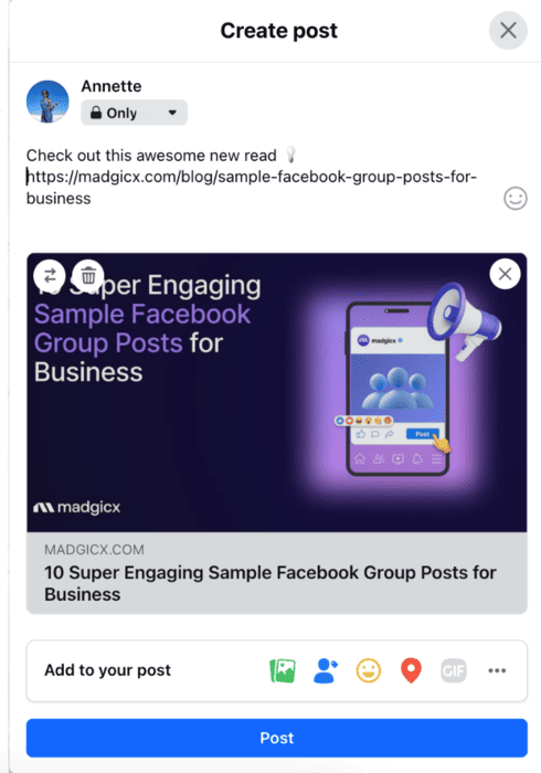 Creating a link post on Facebook via desktop