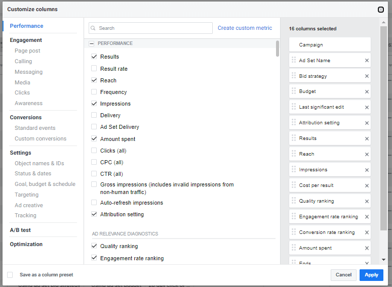 customize columns - Meta Ads Manager