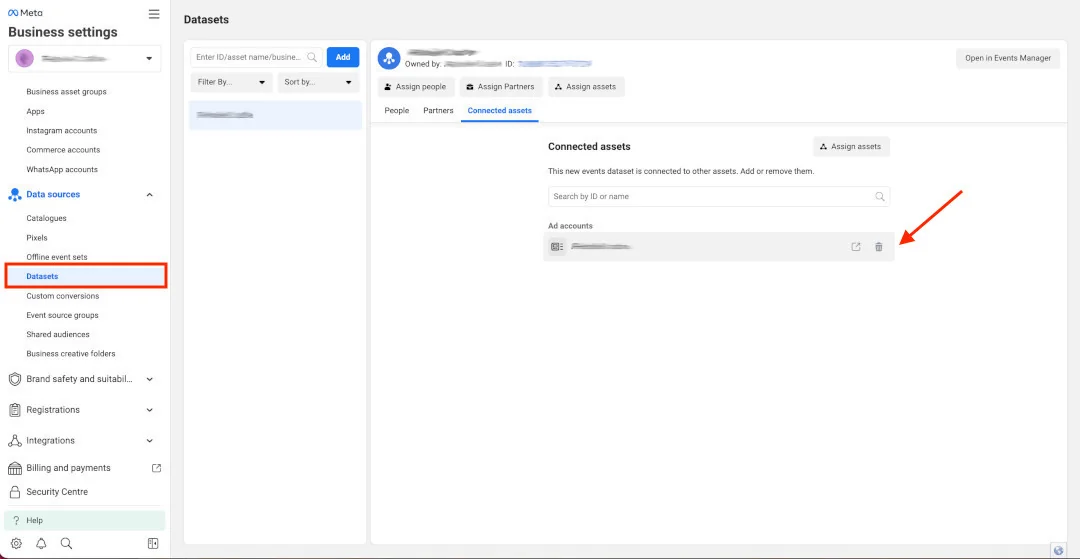 Datasets in Business Settings, in Meta Business Manager.
